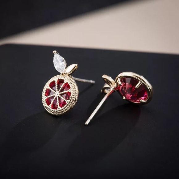 Jeweled Orange Diamond Fruit Gold Stud Minimalist Dainty Luxury Unique Earrings - Picture 6 of 8